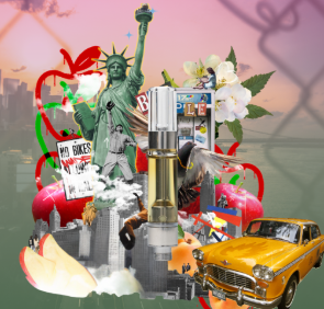 A vibrant collage featuring the Statue of Liberty, a yellow taxi, city buildings, flowers, apples, protest signs, a bicycle, and a vape cartridge against a colorful, hazy urban background.