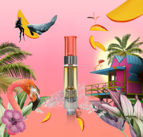 A vape cartridge is centered against a pink background, surrounded by tropical elements like flamingos, palm trees, a colorful house, flowers, and floating mango slices, creating a vibrant, surreal scene.