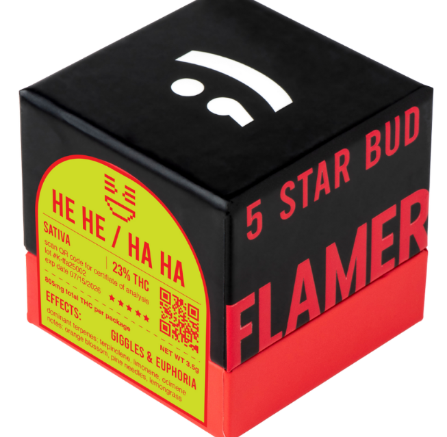 A black and red box labeled "5 Star Bud FLAMER" with a yellow sticker showing "HE HE / HA HA", a smiley face, and product details including "23% THC" and effects like "Giggles & Euphoria.