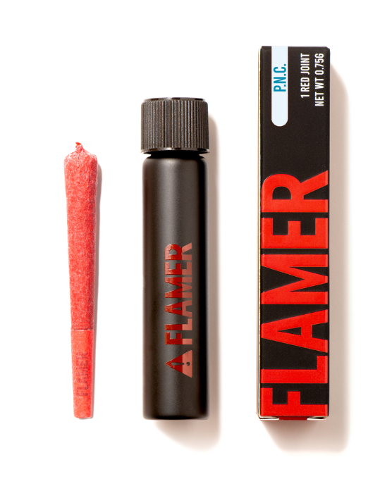 A red pre-rolled joint, a black tube with "FLAMER" written in red, and a matching FLAMER box with bold red text are arranged side by side on a white background.