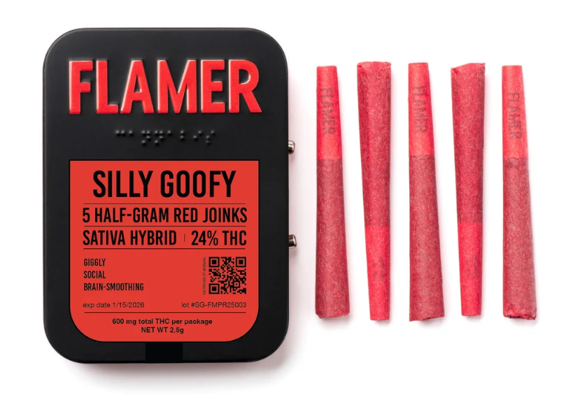 A black tin labeled "Flamer" contains five red pre-rolled joints. The label reads "Silly Goofy, 5 half-gram red joints, Sativa Hybrid, 24% THC," and lists effects like giggly, social, and brain-smoothing.