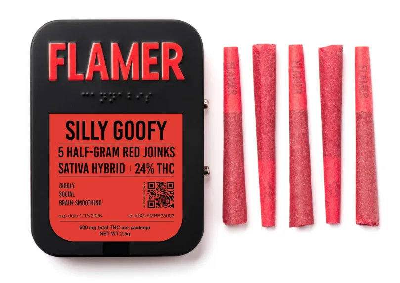 A black tin labeled "Flamer" contains five red pre-rolled joints. The label reads "Silly Goofy, 5 half-gram red joints, Sativa Hybrid, 24% THC," and lists effects like giggly, social, and brain-smoothing.