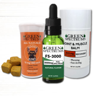 Three Green Spectrums products: Doggy Bites treats, FS-3000 CBD oil dropper, and Joint & Muscle Balm, displayed with four cube-shaped treats.