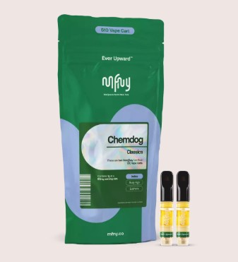 A green and blue package labeled "Chemdog Classics" with two small vape cartridges filled with yellow liquid placed in front of it. The package features the logo "mfny" and vaping-related details.