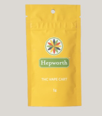 A yellow resealable pouch labeled "Hepworth" with a colorful geometric flower logo, containing a THC vape cartridge, 1 gram.