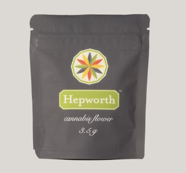A gray resealable pouch labeled "Hepworth cannabis flower 3.5g," featuring a colorful geometric flower logo above the brand name.