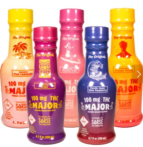 Five colorful bottles of Major THC-infused drinks, featuring flavors like Sunset Pink Lemonade, Sacred Grape, Pacific Coast Blue Raspberry, Tropical Passions Fruit, and Volcanic Orange Mango, each labeled 100 mg THC.