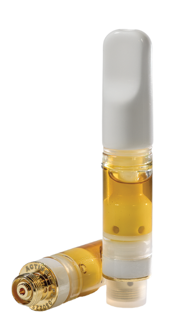 Two vape cartridges filled with golden liquid, one standing upright with a white mouthpiece and the other lying down, showing the metal connector at the base.