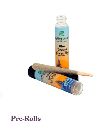 A labeled tube reading “Rolling Greens Cannabis Blue Dream 23.63% THC” is standing next to a similar tube lying down, with a cannabis pre-roll placed in front of them on a white background. Text below reads “Pre-Rolls.”.