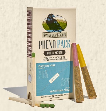 A box of Raven’s View Genetics Pheno Pack pre-rolls, labeled "Poddy Mouth," stands upright with two pre-rolled joints and two matches leaning against it. The packaging includes colorful accents and a raven illustration.