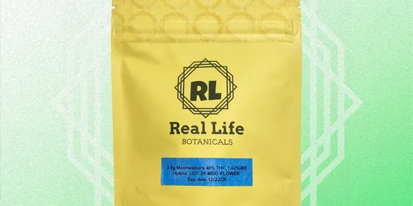 A yellow pouch labeled "Real Life Botanicals" with a geometric logo and "RL" initials. A blue label below details THC content, strain, and expiration date. The background is green with a faint geometric pattern.
