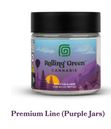 A glass jar labeled "Rolling Green Cannabis" with a purple mountain landscape design on the label and a black lid. Text below reads "Premium Line (Purple Jars).