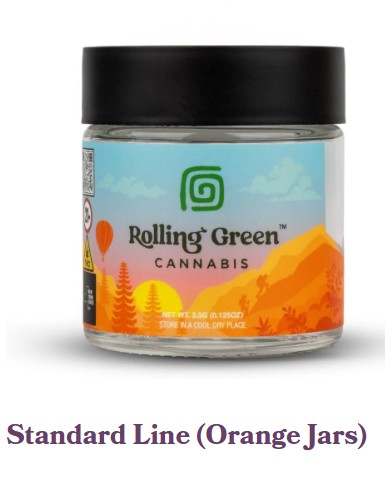 A clear glass jar with a black lid labeled "Rolling Green Cannabis," featuring an orange and yellow mountain landscape design. Text below reads: "Standard Line (Orange Jars).