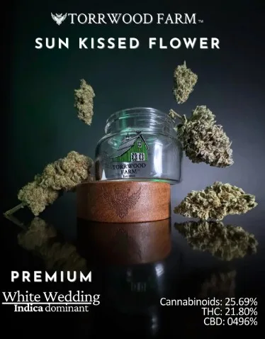 A glass jar labeled "Torrwood Farm" sits on a wooden base, surrounded by cannabis buds. Text reads: "Sun Kissed Flower, Premium White Wedding, Indica dominant. Cannabinoids: 25.69%, THC: 21.80%, CBD: 0.496%.