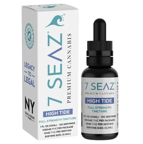 7 SEAZ "High Tide" THC tincture bottle and box displayed, available for cannabis delivery in NYC.