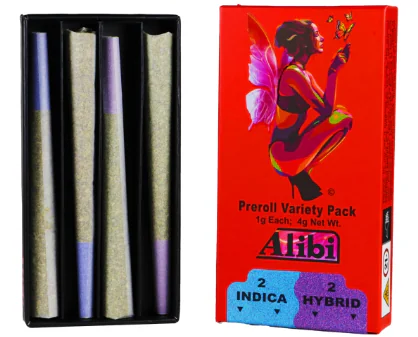 Alibi - Indica/Hybrid - Caramel Cream/Cherry Diesel 4 x 1 Gram Whole Flower Preroll Pack