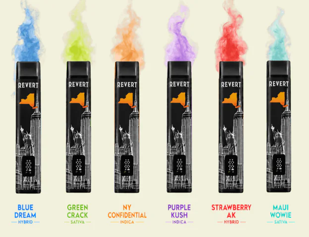 Six vape pens emit colored smoke, each labeled with a different cannabis strain name and type.