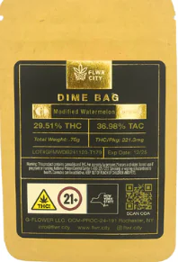 Gold marijuana packaging labeled “Dime Bag” features THC content and product details in black and gold design.