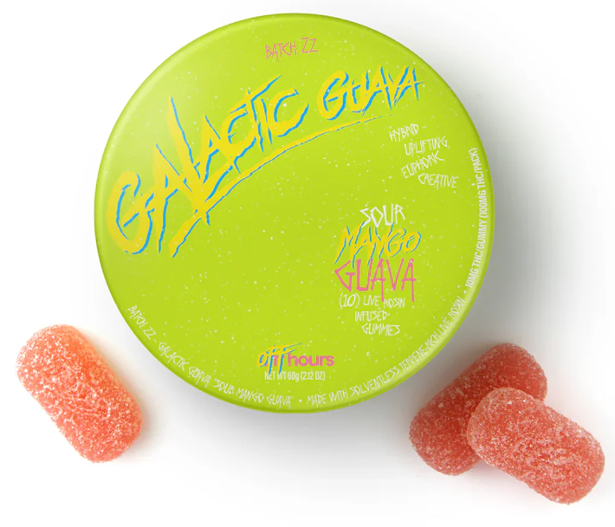 A round green container labeled “Galactic Guava” is filled with gummies for Cannabis Delivery NYC.