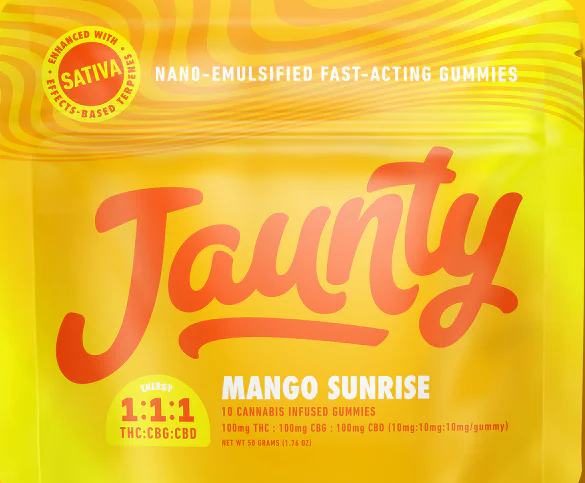 A yellow-orange bag labeled "Jaunty Mango Sunrise" advertises cannabis-infused gummies with THC and CBD.