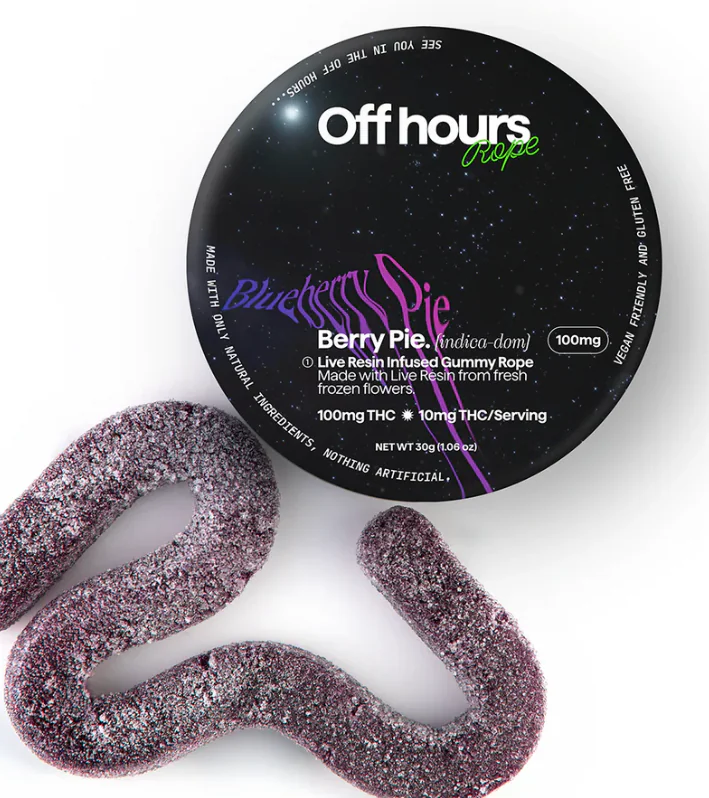 A round Off Hours Rope Berry Pie THC gummy package with a sugar-coated rope is shown on display.