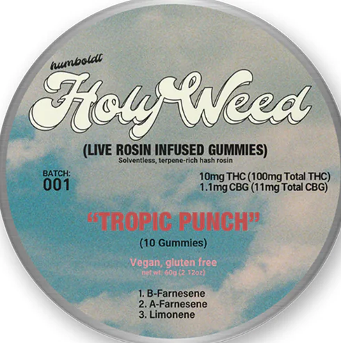 Round label for “How Weed” Tropic Punch gummies shows THC, CBG, vegan, gluten-free, delivery info.