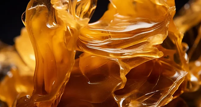 Close-up of glossy, amber-colored, wavy translucent material with intricate folds and rich texture detail.