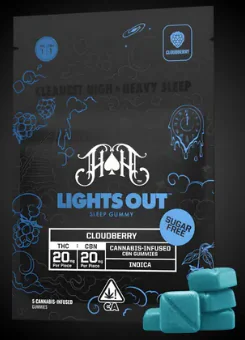 A black bag labeled “Lights Out Sleep Gummy, Cloudberry, cannabis-infused, indica” with blue gummies.