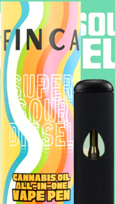 Colorful Super Sour Diesel cannabis vape pen packaging next to a sleek black vape pen with oil cartridge.
