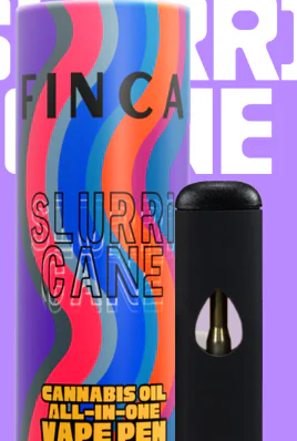 Colorful Slurricane cannabis vape pen packaging and a black vape pen displayed against a purple background.