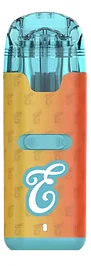 A colorful vape device with a blue top and gradient orange-yellow body displays a white cursive E logo.