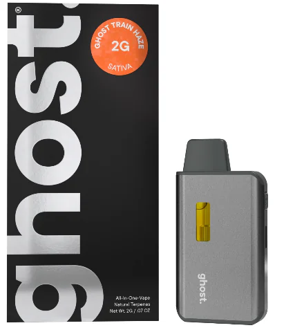 Gray Ghost vape pen beside a black box labeled “ghost” with an orange Ghost Train Haze 2G Sativa circle.