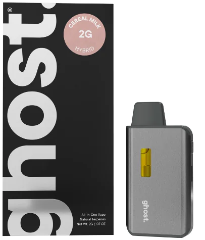Gray vape device next to black “ghost” box featuring the “Cereal Milk Hybrid 2G” label.