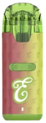 A pink and green vape device features a white cursive “E” on the body and a clear green mouthpiece.