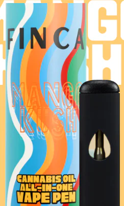 Colorful vape pen package displays “Mango Kush” cannabis oil all-in-one vape pen beside a black device.