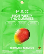 A green bag labeled “PAX High Purity THC Gummies, Summer Mango” shows a ripe mango illustration.
