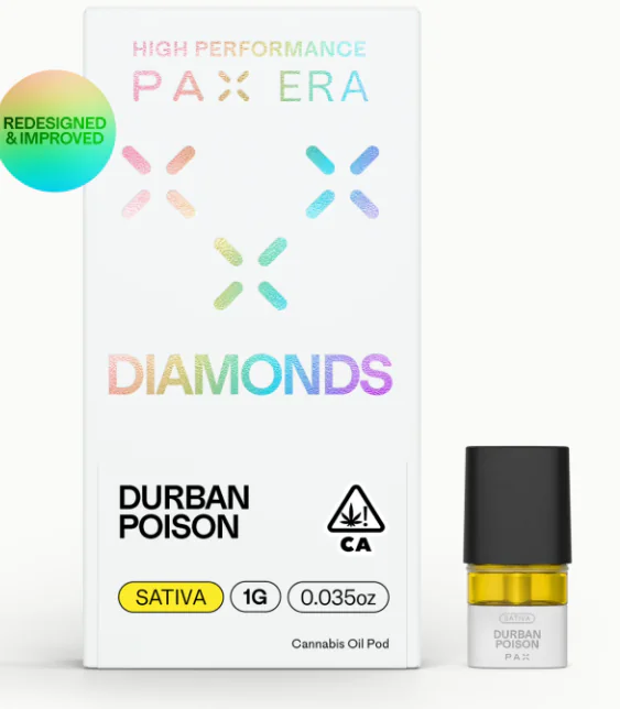 White Pax Era Diamonds vape packaging, small cannabis oil pod, and “Redesigned & Improved” label.