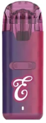 A pink and purple vape device features a white cursive “E” on the front, ideal for vaping enthusiasts.