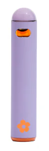 A purple vape pen with an orange mouthpiece and an orange flower symbol near the bottom is shown.