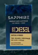 Blue Sapphire vape cartridge box displays “Super Sour Diesel Sativa-Hybrid” plus THC and CBD content.