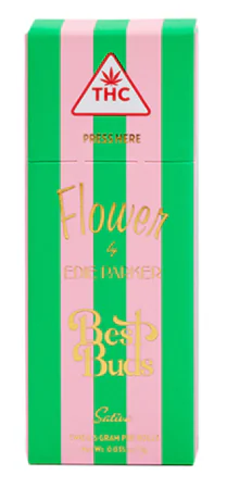 Green and pink striped THC flower packaging reads “Best Buds” with “Press Here” and “Sativa” displayed below.