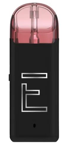 A black and pink vape device displays a large white “E” on its front, highlighting vape branding.