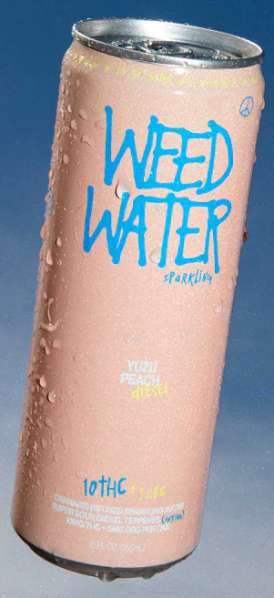 A pink Weed Water Sparkling can with water droplets features yuzu peach flavor and 10 THC on the label.