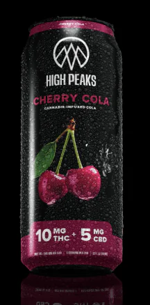 High Peaks Cherry Cola can with cannabis, decorated with cherries and water droplets on the surface.