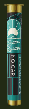 A teal and gold tube labeled “Golden Garden NO CAP Premium Cannabis Flower” sits on a dark background.