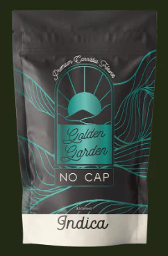 Black and teal cannabis packaging shows “Golden Garden No Cap” and “Indica” with abstract design elements.