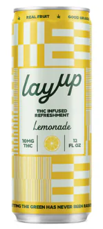 A yellow and white Layup Lemonade can featuring THC infusion and 10mg THC per 12 fl oz prominently labeled.