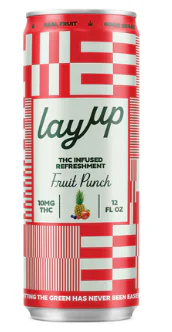 Red and white can of Layup Fruit Punch THC-infused drink, 10mg THC, 12 fl oz, decorated with fruit images.