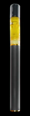 A vape pen with a visible yellow liquid cartridge is displayed against a black background.