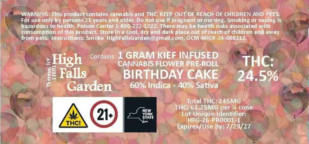 High Falls Garden Birthday Cake Kief Infused Pre-Roll 1g